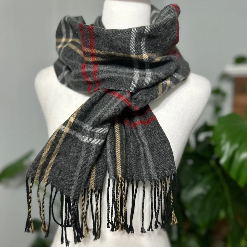 🧣 Unisex Cjon 100% Acrylic gray, red, white plaid scarf 64” long 21” wide
